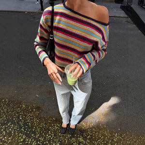 Rainbow stripes contrasting color design sweet knitted off-the-shoulder women's  autumn and winter new autumn atmosphere sweater women