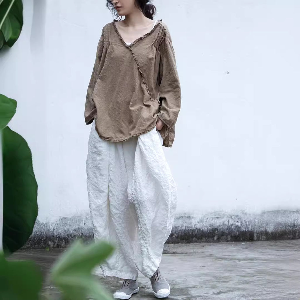 Shan Qian Nianyi, spring and summer design new linen washed casual pants literary simplicity white high-texture wide-leg pants