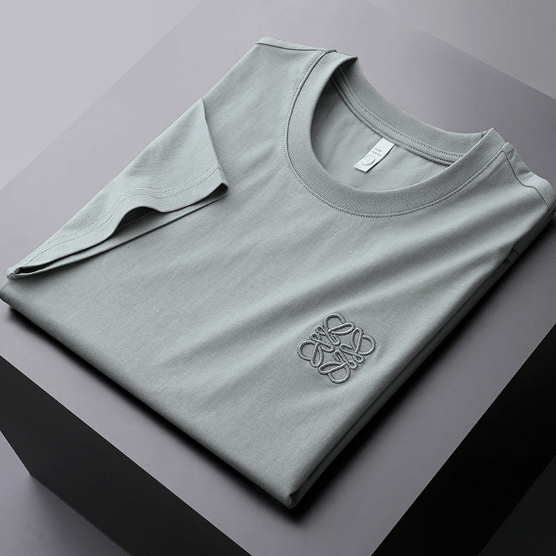 GOOSUDU Heavy European Goods Mercerized Cotton Short Sleeve T-shirt Men's Slim Fit Fashion High-End Embroidery round Neck Half Sleeve Boy's Undershirt Fashion