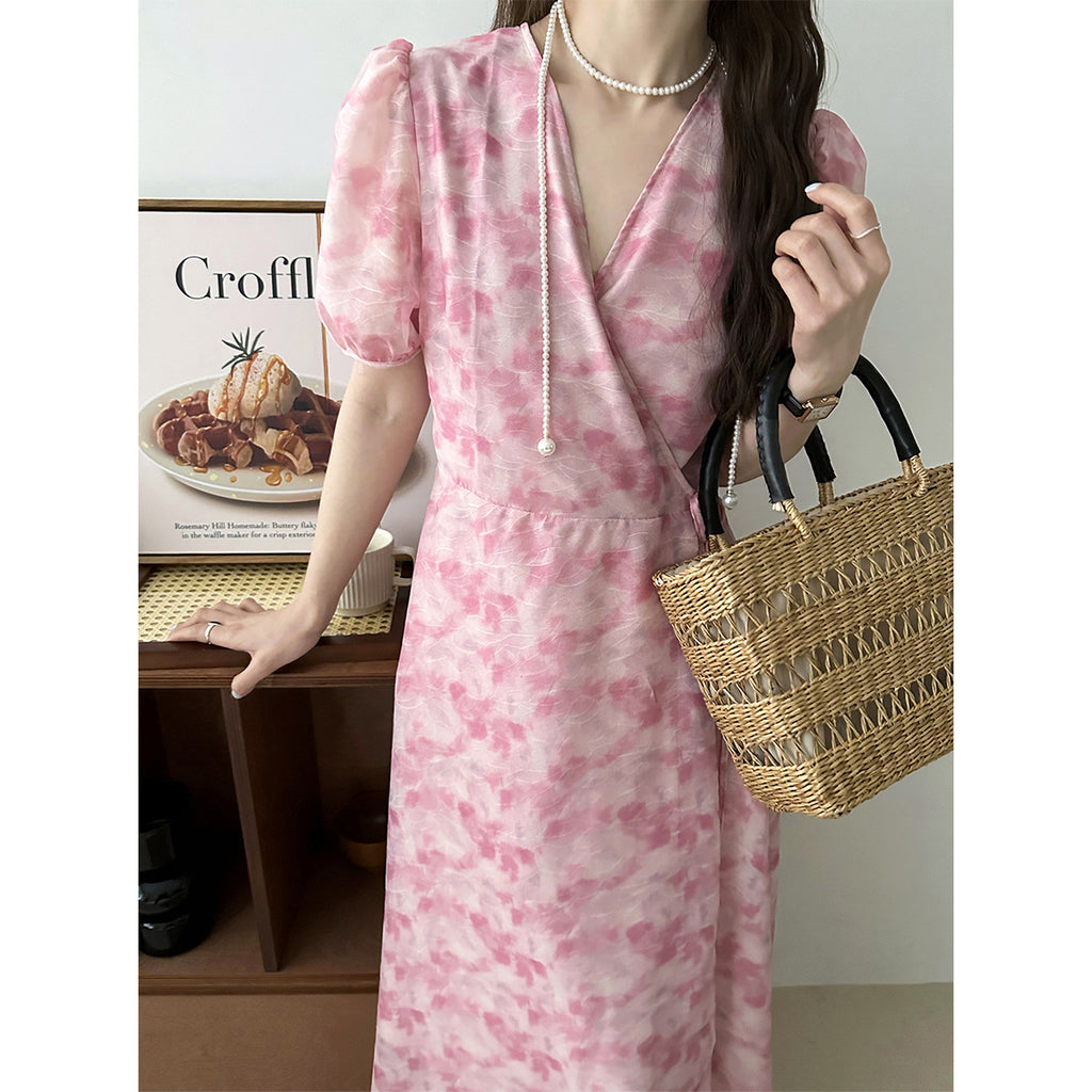 2025 popular spring V-neck floral dress women's waist one-piece dress women's spring medium and long duplex skirt 306