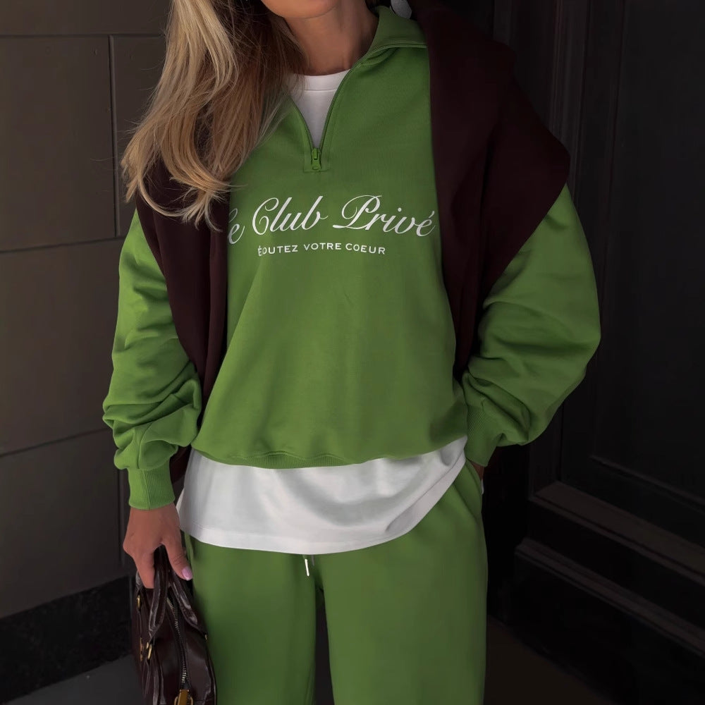 New spring and autumn new suit long-sleeved semi-zipper solid color loose fashion sweater suit