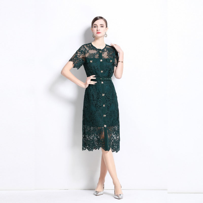 Celebrity Elegant Heavy Industry Hollow Hook Water Soluble Lace Slim Skinny Round Neck Short Sleeve Metal Button Dress Women
