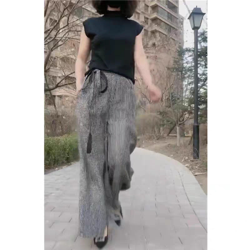 High waist and thin yarn-dyed cotton and linen plaid wide-leg pants women's  spring and summer new loose literary straight casual pants
