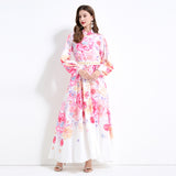 new  holiday style elegant long dress women's strap waist lantern sleeve printed pendulum dress