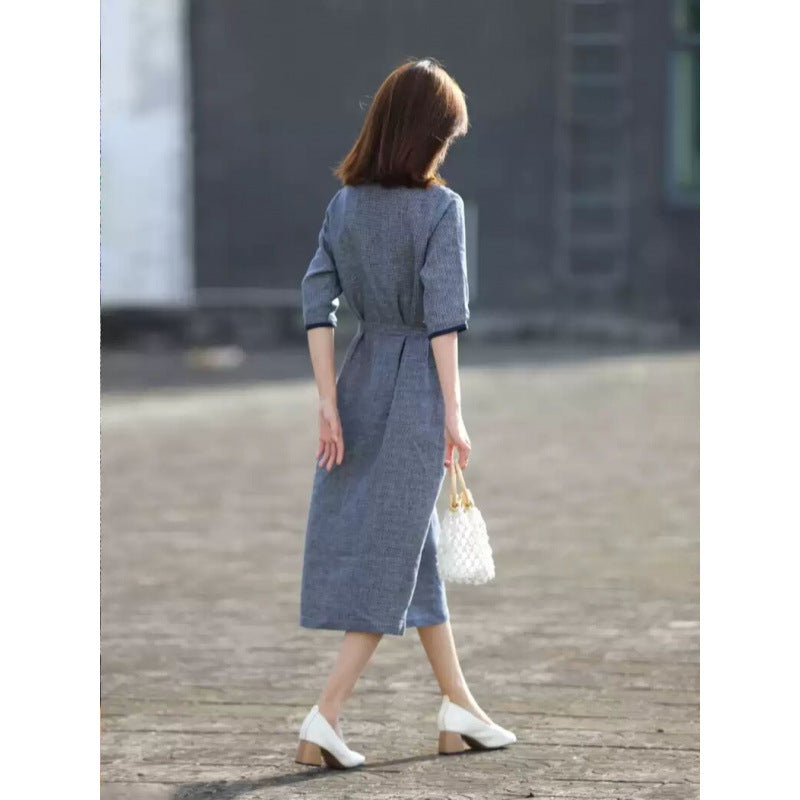 summer new yarn-dyed plaid medium and long casual temperament v-neck lace-up slim five-quarter-sleeved dress, women
