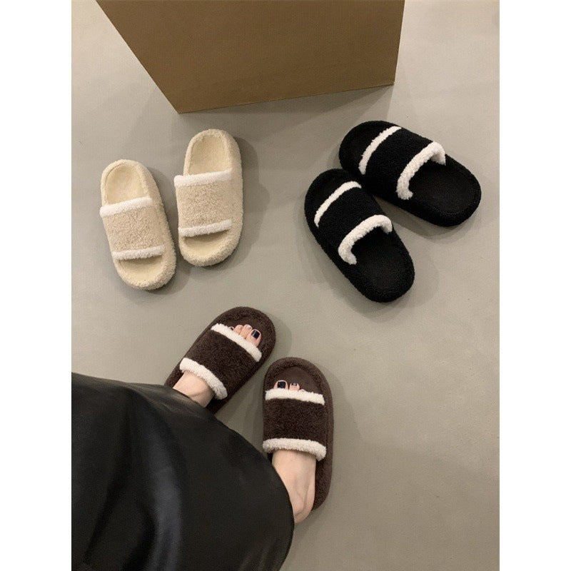 2025  Slippers women's muffin thick bottom popular autumn and winter middle heel Popularan station warm fluffy slippers women's outer wear