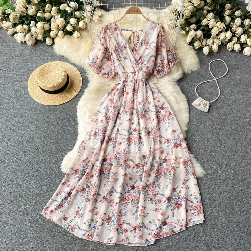 Seaside Holiday Dress Summer 2025 New Sexy V-neck Tight Waist Slimming Long Chiffon Floral Beach Dress