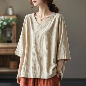 Cotton and linen  summer new loose and versatile large size five-quarter sleeve V-neck T-shirt fat mm literary top bottoming shirt women