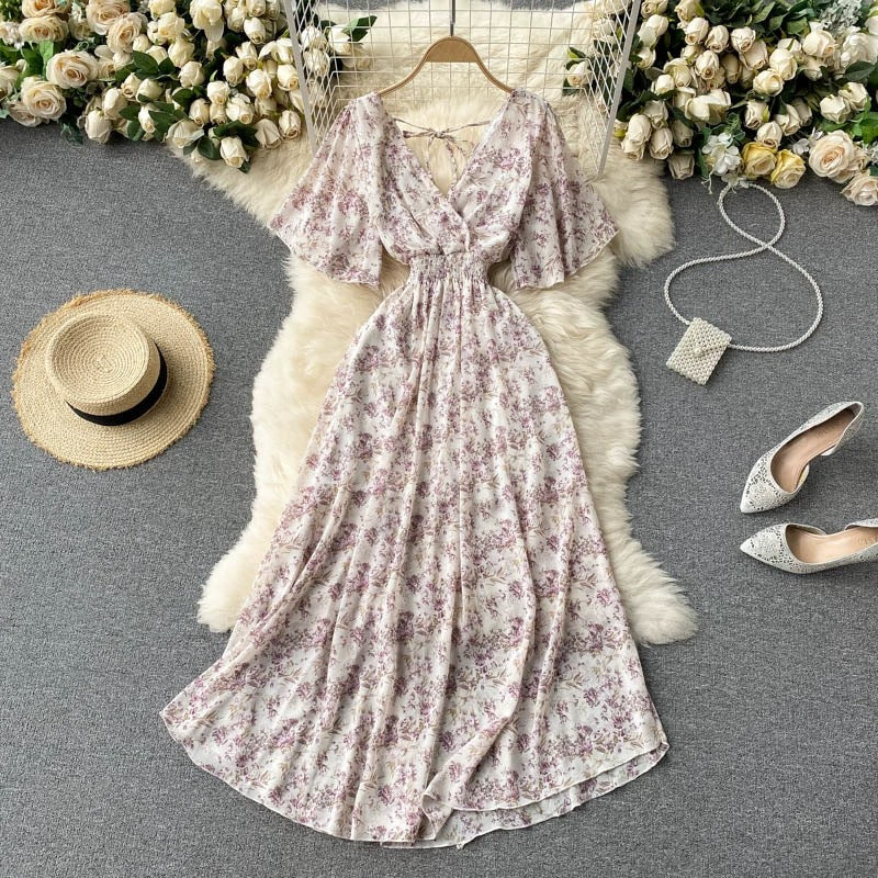 Seaside Holiday Dress Summer 2025 New Sexy V-neck Tight Waist Slimming Long Chiffon Floral Beach Dress