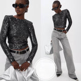 ANTMVS2025 long-sleeved crew neck nightclub sexy short top,  hot sale versatile Spice Girl solid color sequined T-shirt