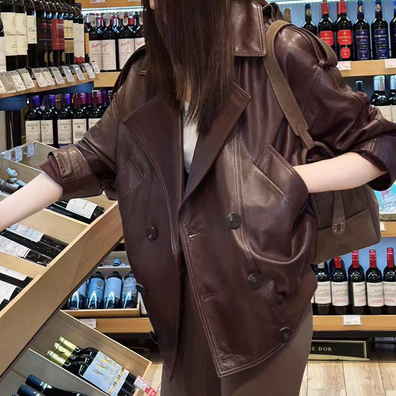 2025 Spot Yang Mi star with the same leather jacket popular autumn new simulation wallet brown loose protein leather jacket