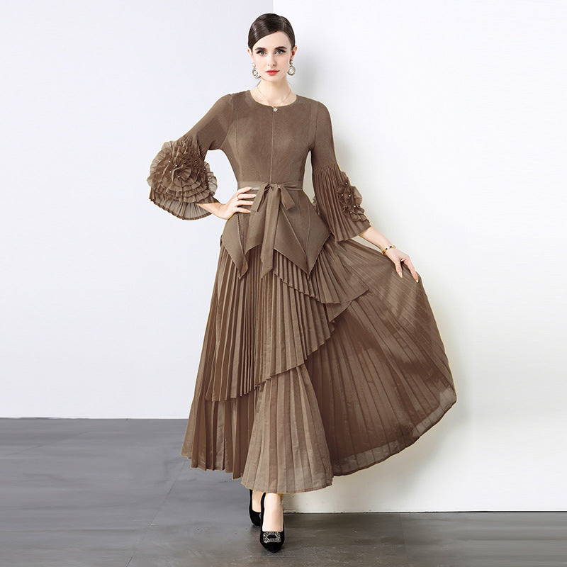 Spring new  light luxury temperament elegant fashion pleated clothes two-piece temperament irregular skirt