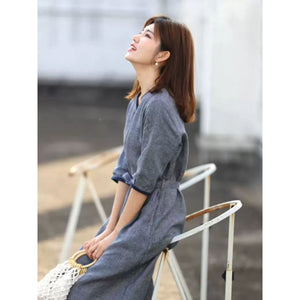 summer new yarn-dyed plaid medium and long casual temperament v-neck lace-up slim five-quarter-sleeved dress, women