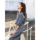 summer new yarn-dyed plaid medium and long casual temperament v-neck lace-up slim five-quarter-sleeved dress, women