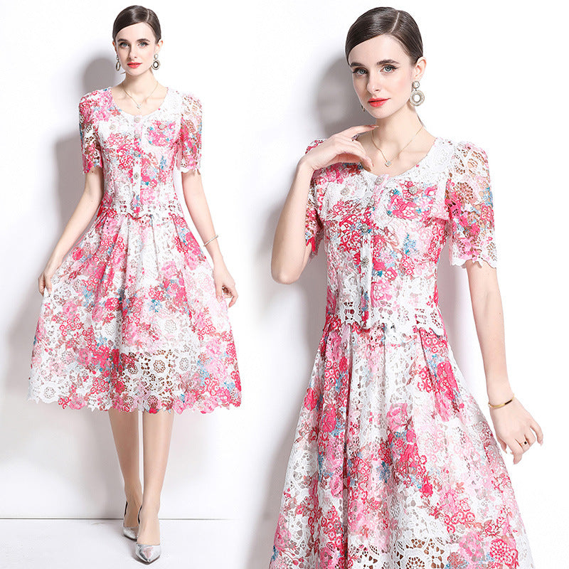 Temperament lace embroidery hollow set skirt women's  summer new round neck lace top skirt two-piece set