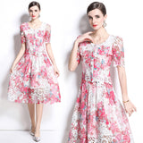 Temperament lace embroidery hollow set skirt women's  summer new round neck lace top skirt two-piece set