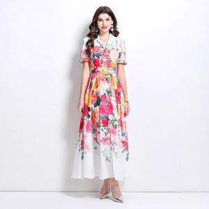 niche fashion retro suit collar sleeveless waist printed dress women's thin big swing elegant long skirt