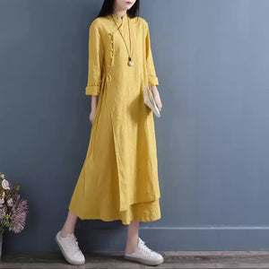 Chinese style buckle improved cotton and linen dress  spring and autumn double-layer Chinese zen tea clothes literary and retro women's clothing