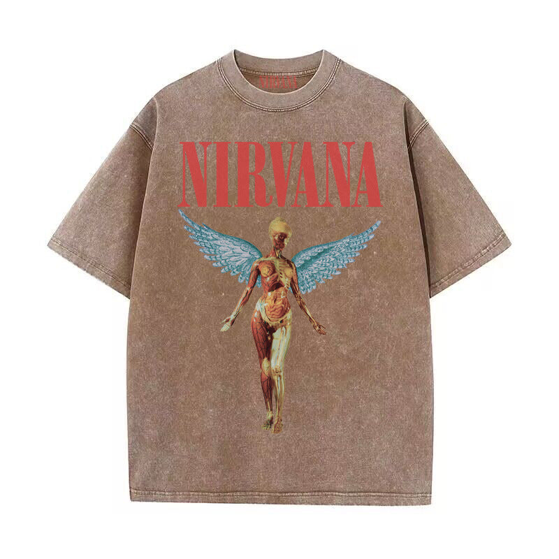 GOOSUDU Nirvana Band Rock Nirvana Cobain Cococoben Worn Looking Washed-out Vintage Batik Loose T-shirt