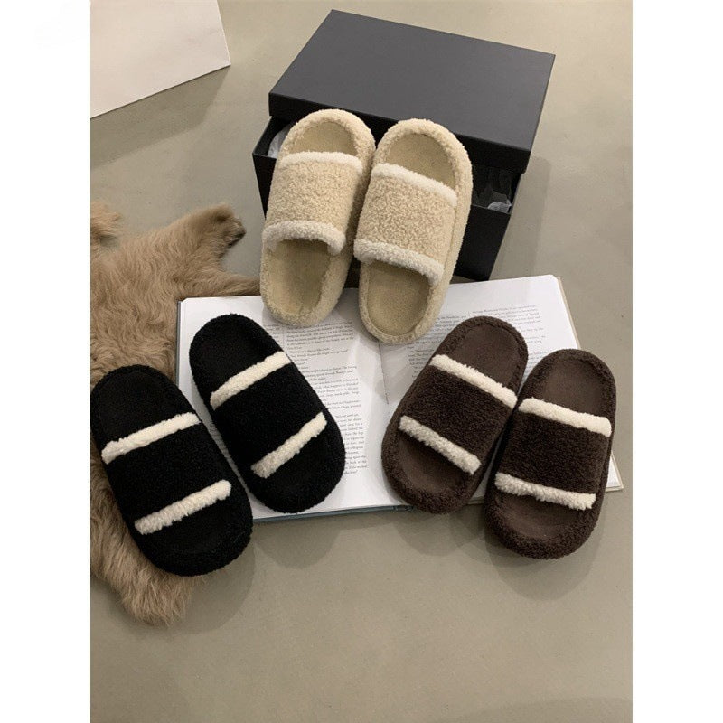 2025  Slippers women's muffin thick bottom popular autumn and winter middle heel Popularan station warm fluffy slippers women's outer wear