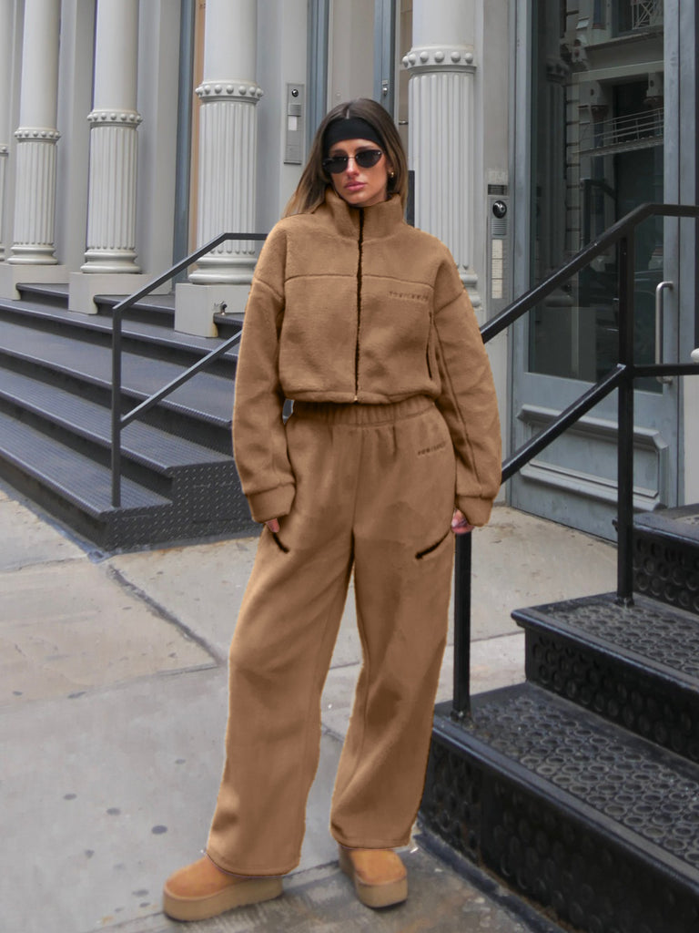 GOOSUDU New autumn and winter women's casual sweater set, 2025 plush zipper top and trousers two-piece set