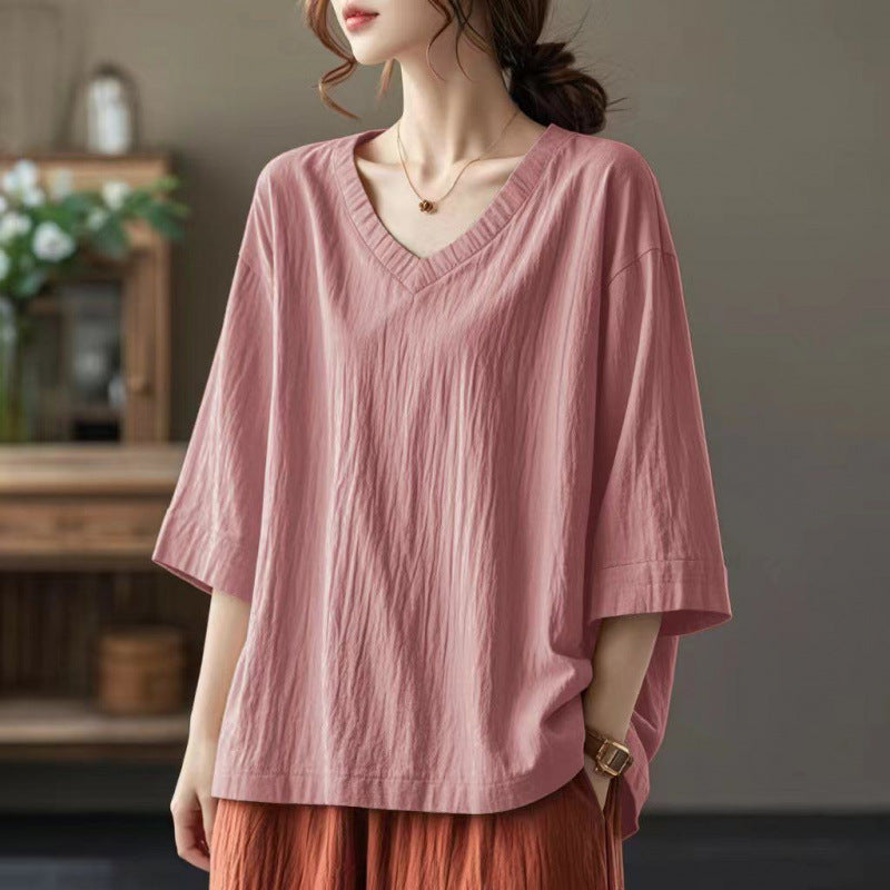 Cotton and linen  summer new loose and versatile large size five-quarter sleeve V-neck T-shirt fat mm literary top bottoming shirt women