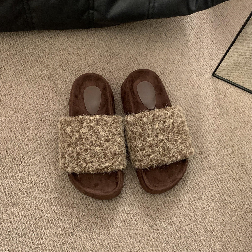 2025  Warm winter~ Mao Mao shoes women's heightened thick soles popular spring and autumn evening breeze soft soles one-word plush cotton slippers outer wear