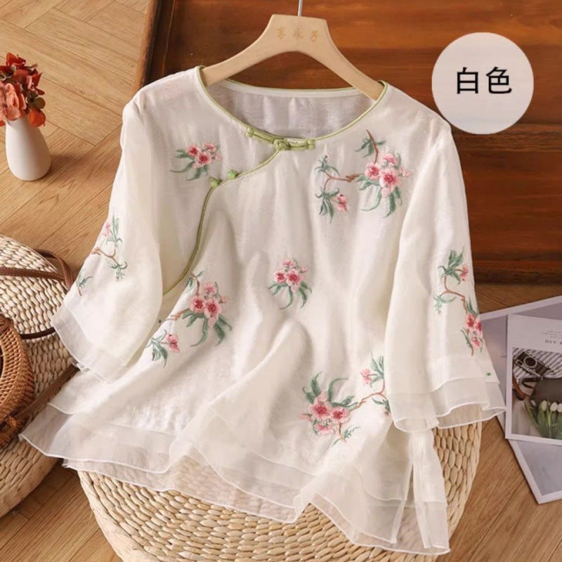 Literary retro embroidered cotton and linen shirt  summer new loose large size casual zen tea clothes shirt top