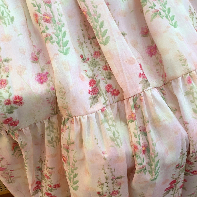 Small fresh pink and green floral skirt women's  summer new gentle wind temperament thin printed umbrella skirt