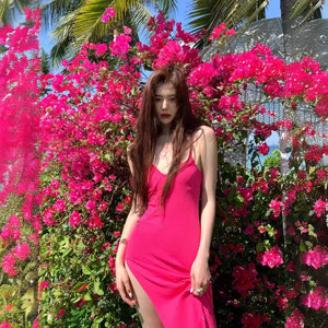 2025 Rose red knitted suspender skirt women's side split pleated v-neck sweet hottie dress seaside vacation beach dress