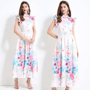 elegant women's dress  summer retro waist and thin lapel small flying sleeve printed big swing dress