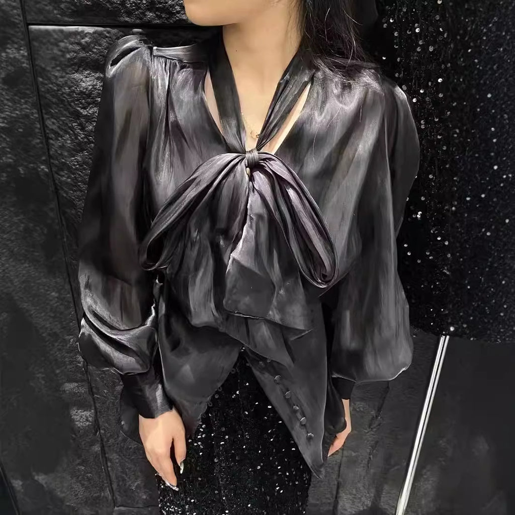 2025 popular autumn new bow lace-up mercerized shirt for women, Korean version of temperament socialite loose long-sleeved top for women