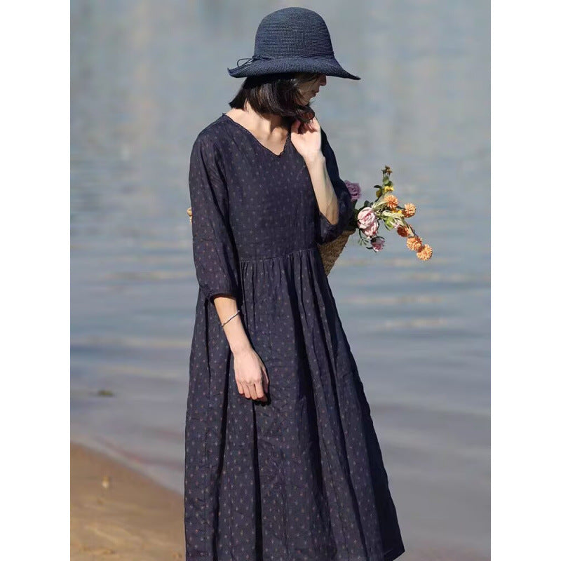High-end ramie dress  summer new fashion temperament blue elegant loose and thin long dress women