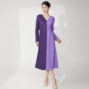 2025 Summer dress women's summer commuting 2025v collar contrasting color loose large size long sleeve temperament elegant  long skirt