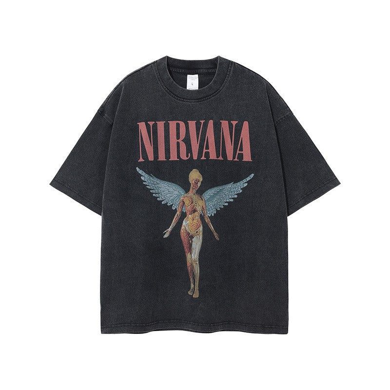 GOOSUDU Nirvana Band Rock Nirvana Cobain Cococoben Worn Looking Washed-out Vintage Batik Loose T-shirt