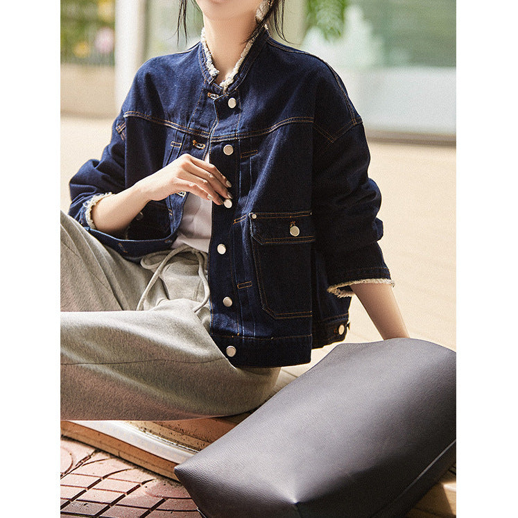 2025 Textured washed denim shirt, design hair beard edge short jacket  spring and autumn women's clothing, cotton denim