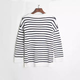 2025 Now Yang Zi Shen Meng has the same black and white striped lazy knitted sweater autumn and winter sweater V-neck pullover loose lapel top.