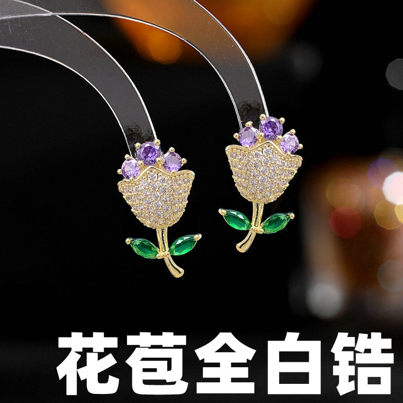 2025 S925 silver needle niche temperament sweet and fresh temperament earrings micro-inlay craftsmanship color zircon rose stud earrings women