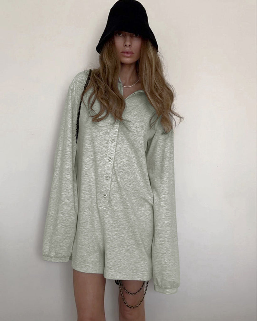 GOOSUDU 2025 women's clothing POLO collar single-breasted long-sleeved loose casual and comfortable basic solid-color one-piece shorts