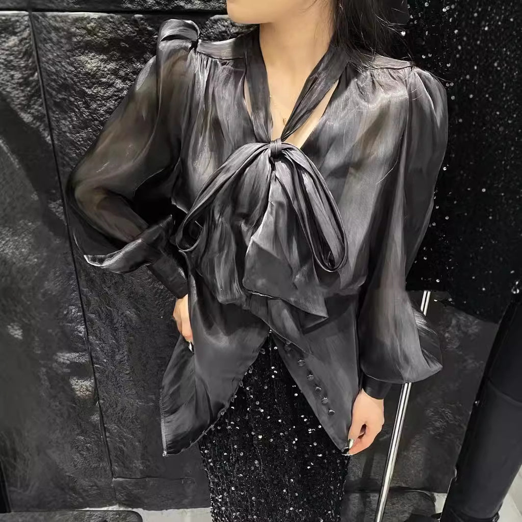 2025 popular autumn new bow lace-up mercerized shirt for women, Korean version of temperament socialite loose long-sleeved top for women