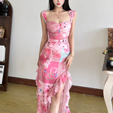2025 style 2025 spring new women's clothing fresh and sweet pink flower print high split dress