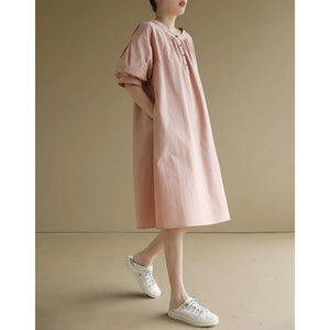 Literary retro crew neck short-sleeved dress  summer new loose large size small medium and long women's dress