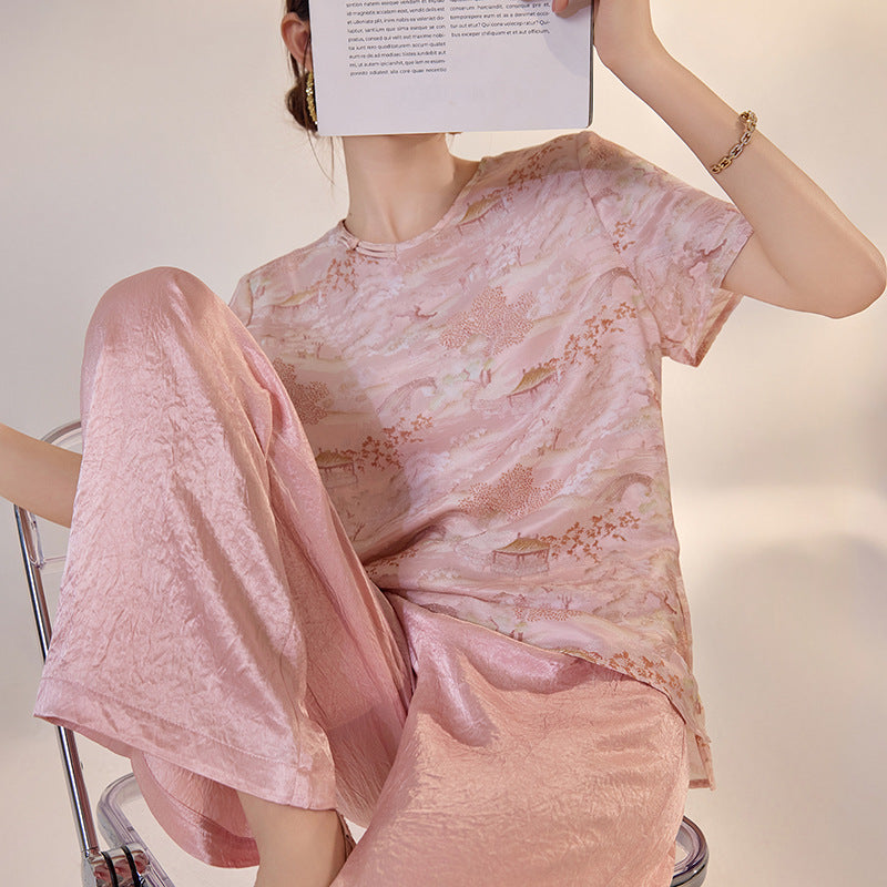 New Chinese style printing solid color short-sleeved light luxury interior with summer high-end temperament mulberry silk t-shirt M3118