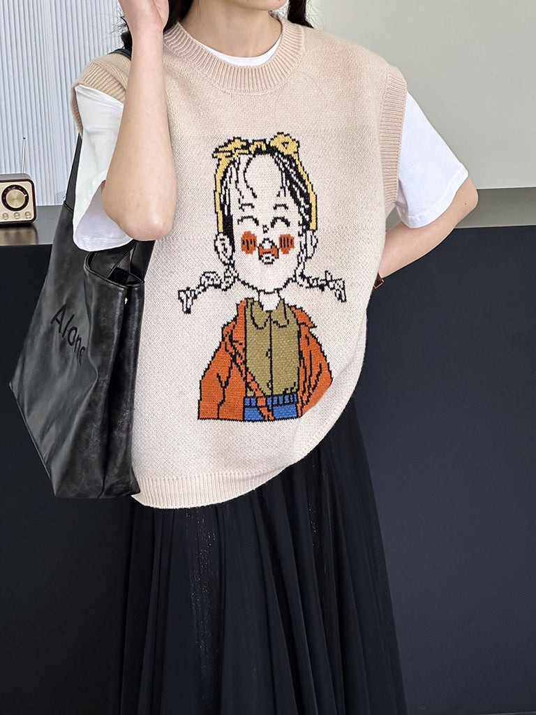 2025 popular spring cartoon knitted vest women's Korean loose lazy wind vest sweater vest 867