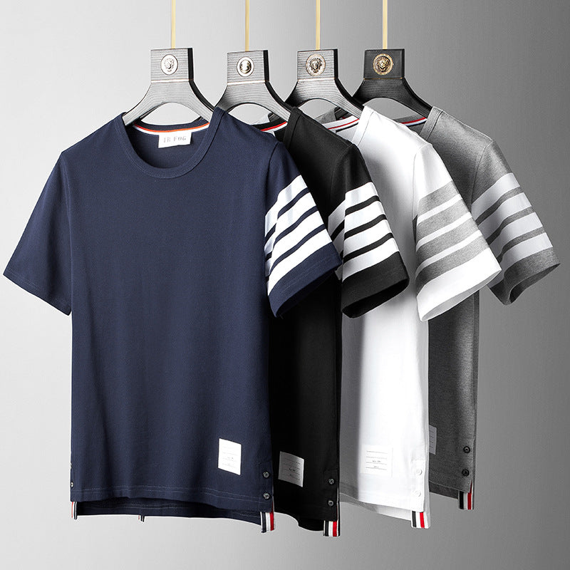 GOOSUDU TB Yarn-Dyed Four-Bar Stripes Fashion Brand Half Sleeve Cotton Summer round Neck Short Sleeves T-shirt Men's Casual All-Match Fashion