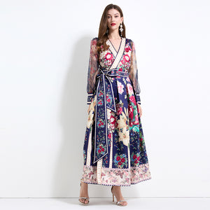 court style temperament retro V-neck mesh lantern sleeve strap waist design big pendulum printed dress