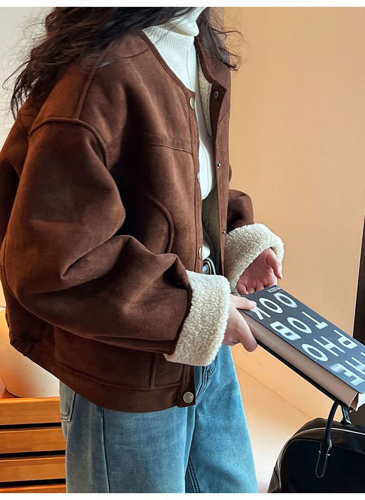 2025 Philadelphia sunset suede lamb wool short coat women's autumn and winter fur integrated thickened warm small jacket