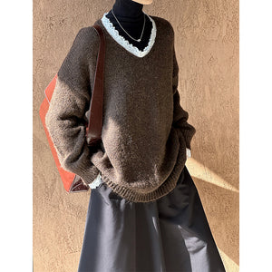 2025 popular autumn and winter new Korean version loose casual lazy wind v-neck pullover sweater knitted sweater 960