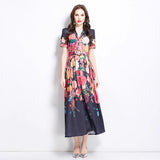 summer new  fashion suit collar short sleeve waist single-breasted printed dress women's  dress