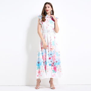 elegant women's dress  summer retro waist and thin lapel small flying sleeve printed big swing dress